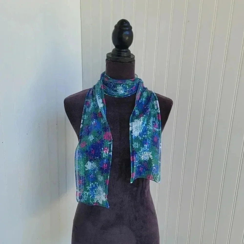 Scarf Silky Women Sequin White Blue Green Pink Floral Mesh Gorgeous Bling 57